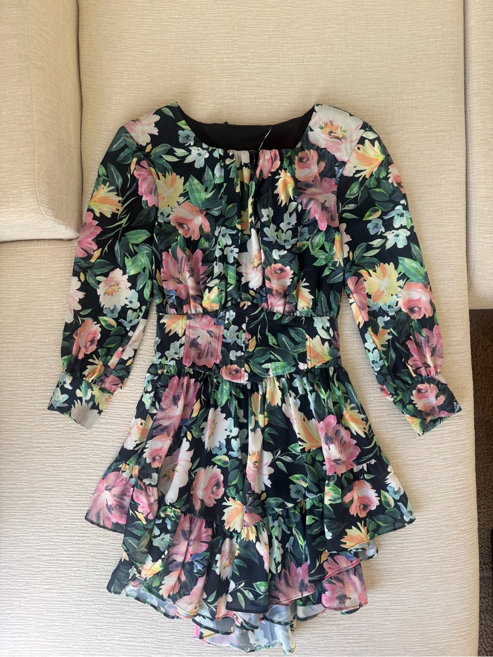 Girls Floral Tiered Long-Sleeve Dress - Black Multi